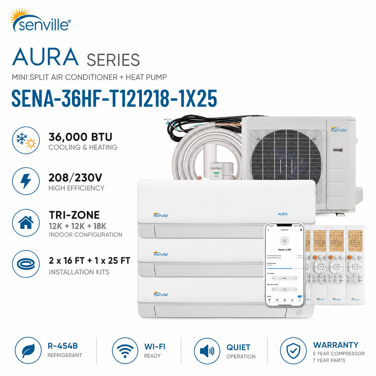 Senville AURA SENA-36HF-T 36,000 BTU Tri-Zone mini split AC Heat Pump systems