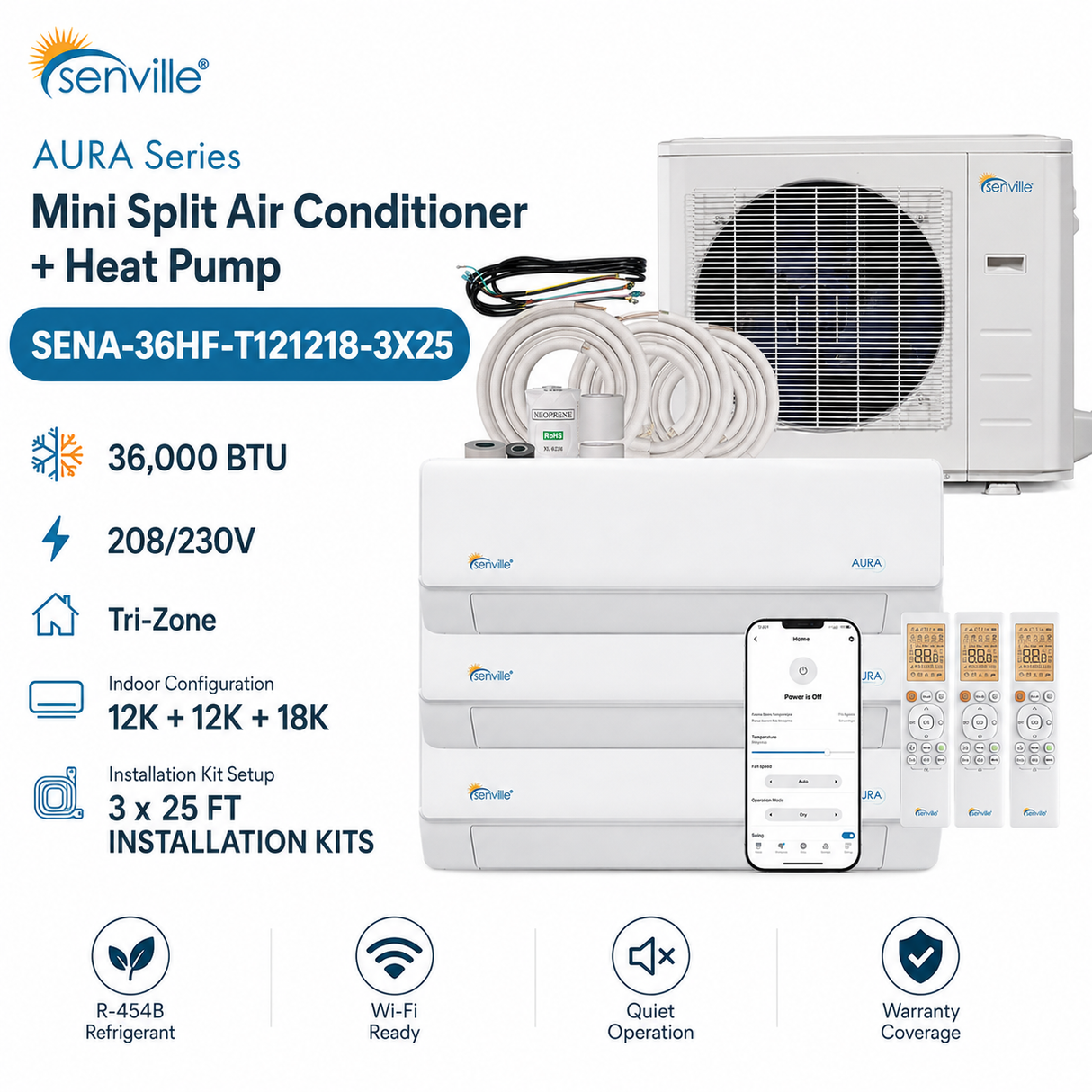 Senville AURA SENA-36HF-T 36,000 BTU Tri-Zone mini split AC Heat Pump systems
