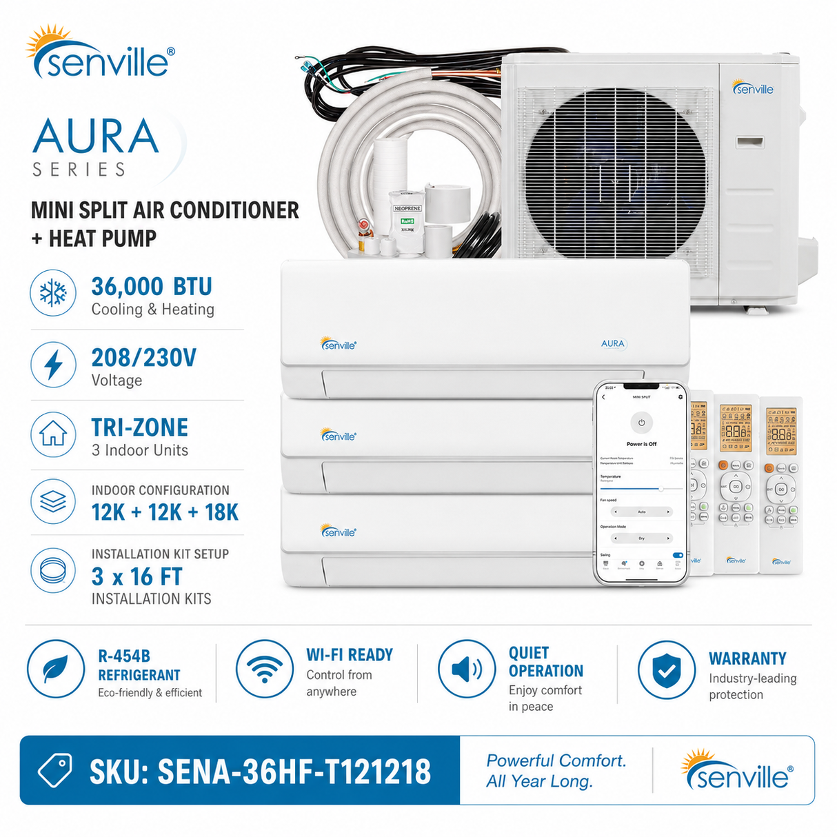 Senville AURA SENA-36HF-T 36,000 BTU Tri-Zone mini split AC Heat Pump systems