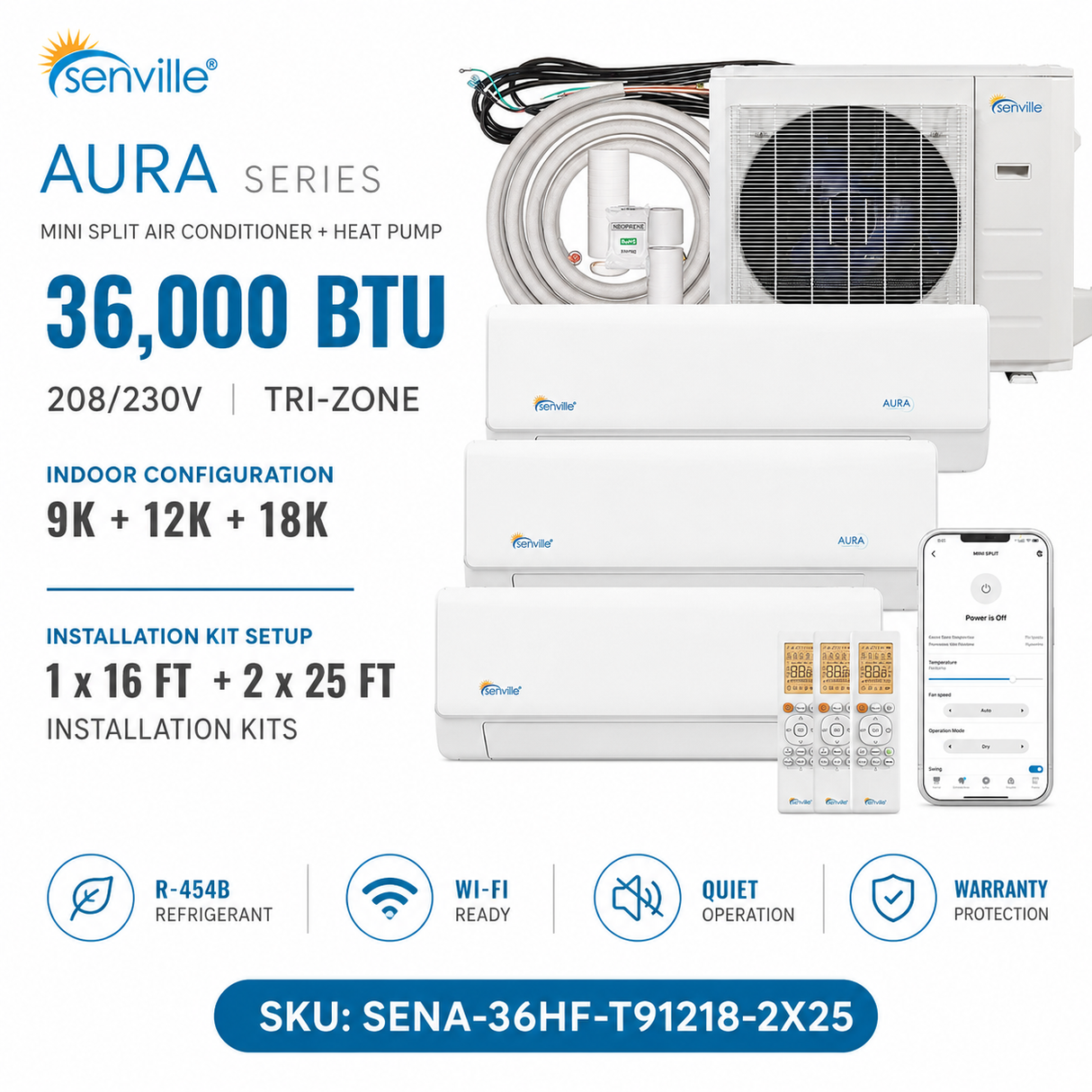 Senville AURA SENA-36HF-T 36,000 BTU Tri-Zone mini split AC Heat Pump systems