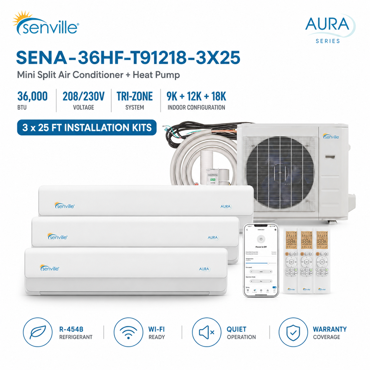 Senville AURA SENA-36HF-T 36,000 BTU Tri-Zone mini split AC Heat Pump systems
