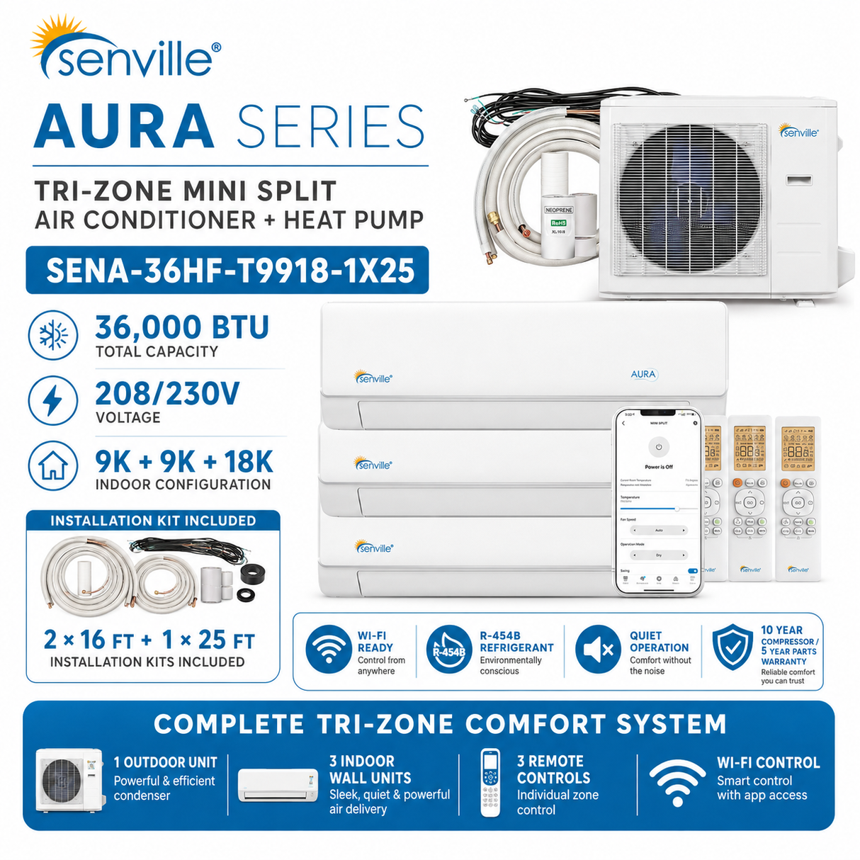 Senville AURA SENA-36HF-T 36,000 BTU Tri-Zone mini split AC Heat Pump systems