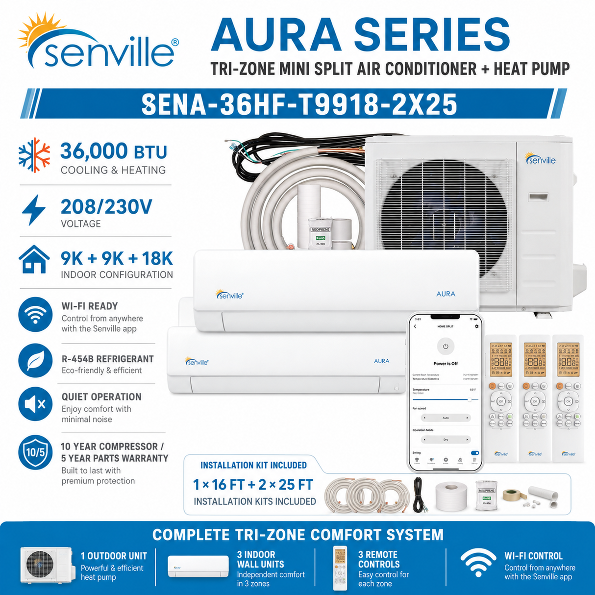 Senville AURA SENA-36HF-T 36,000 BTU Tri-Zone mini split AC Heat Pump systems