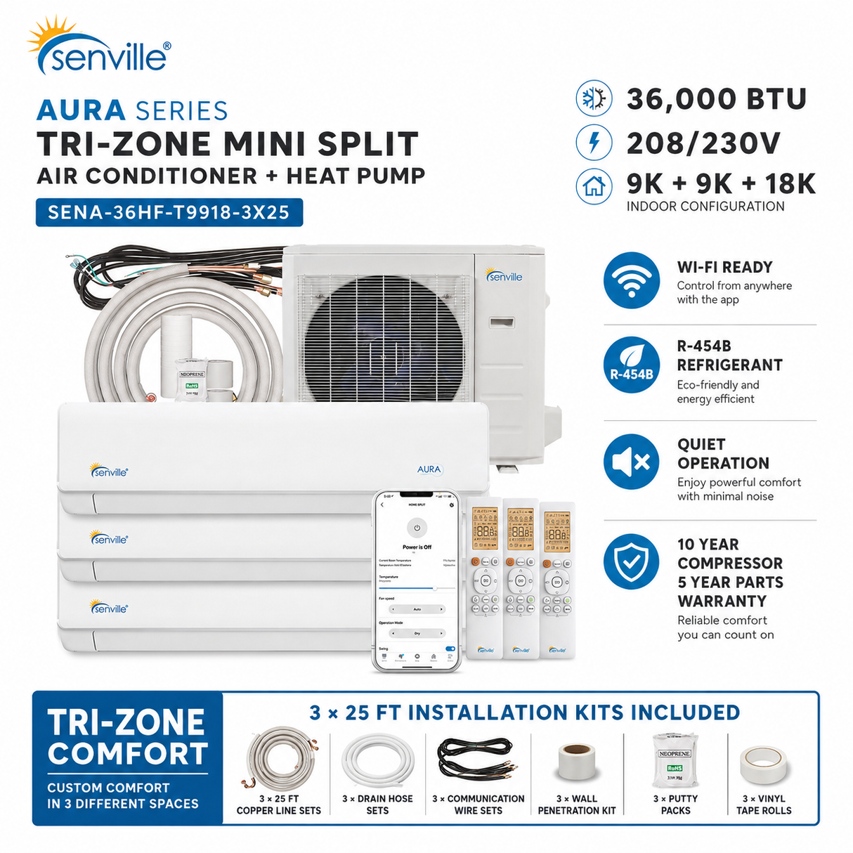 Senville AURA SENA-36HF-T 36,000 BTU Tri-Zone mini split AC Heat Pump systems