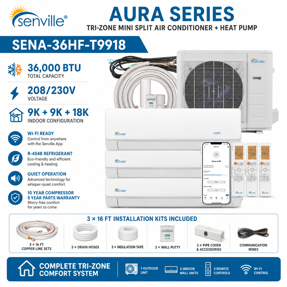 Senville AURA SENA-36HF-T 36,000 BTU Tri-Zone mini split AC Heat Pump systems