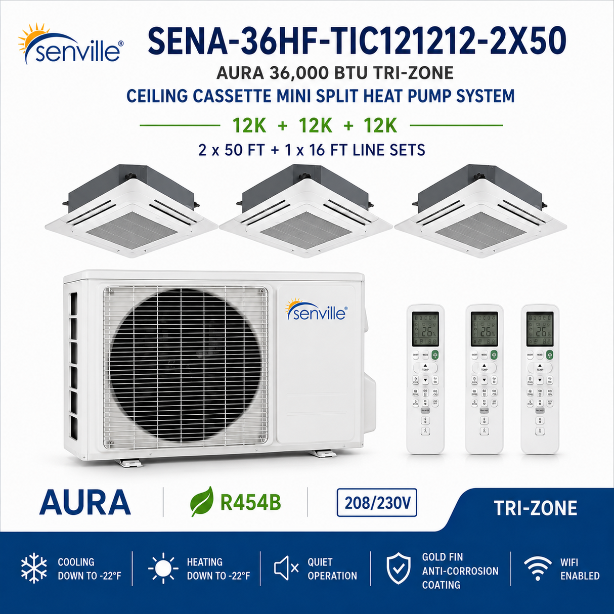 Senville AURA 36,000 BTU Tri-Zone Ceiling Cassette Mini Split Heat Pump – 23 SEER2