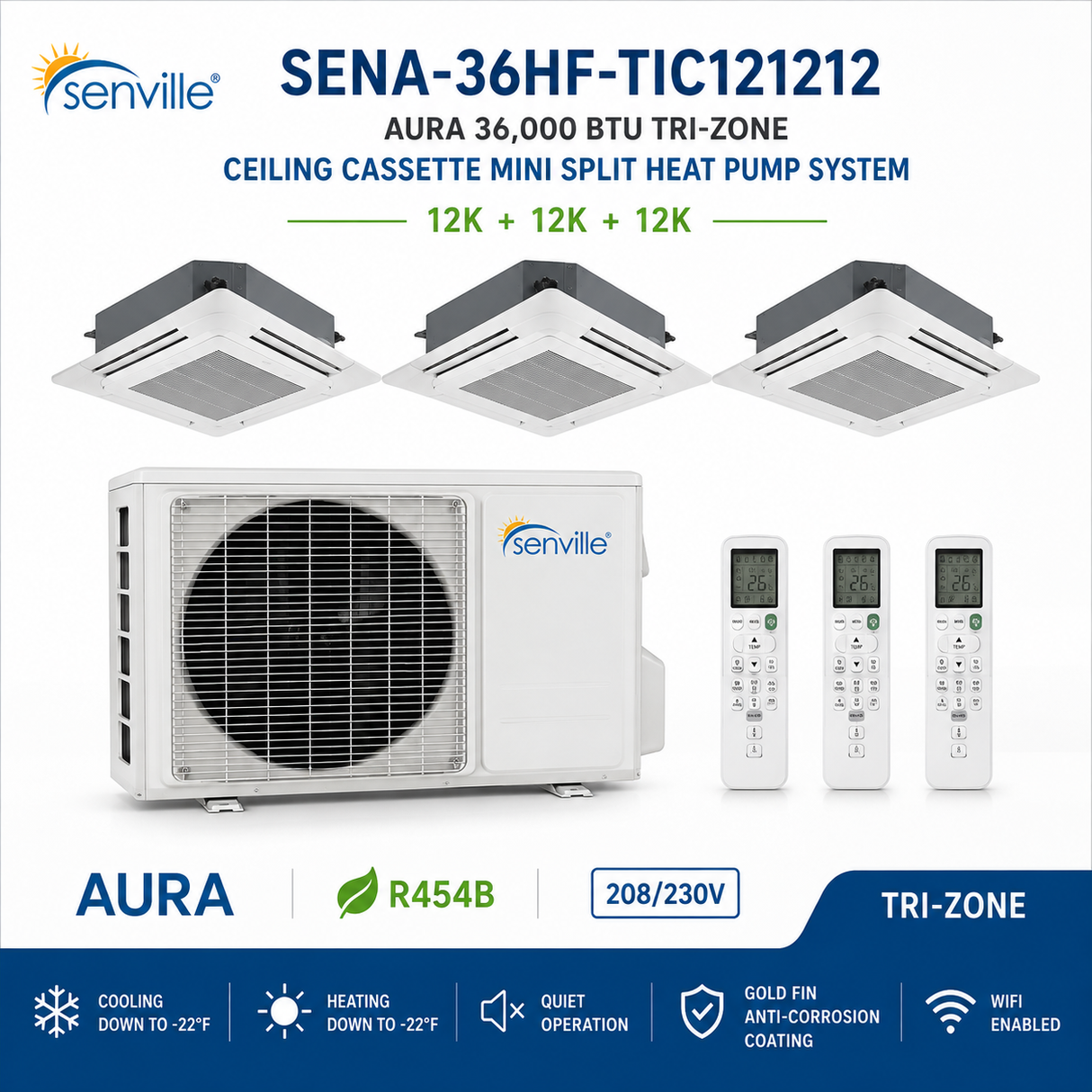 Senville AURA 36,000 BTU Tri-Zone Ceiling Cassette Mini Split Heat Pump – 23 SEER2