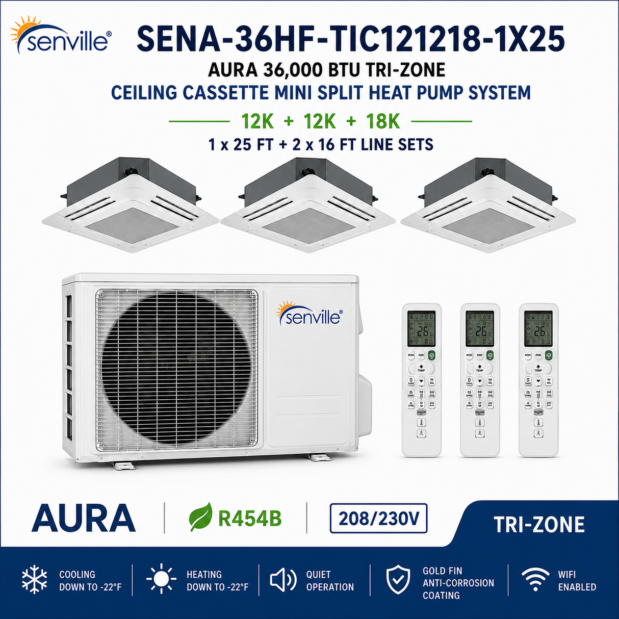 Senville AURA 36,000 BTU Tri-Zone Ceiling Cassette Mini Split Heat Pump – 23 SEER2