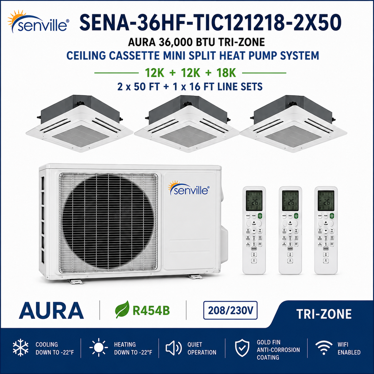 Senville AURA 36,000 BTU Tri-Zone Ceiling Cassette Mini Split Heat Pump – 23 SEER2