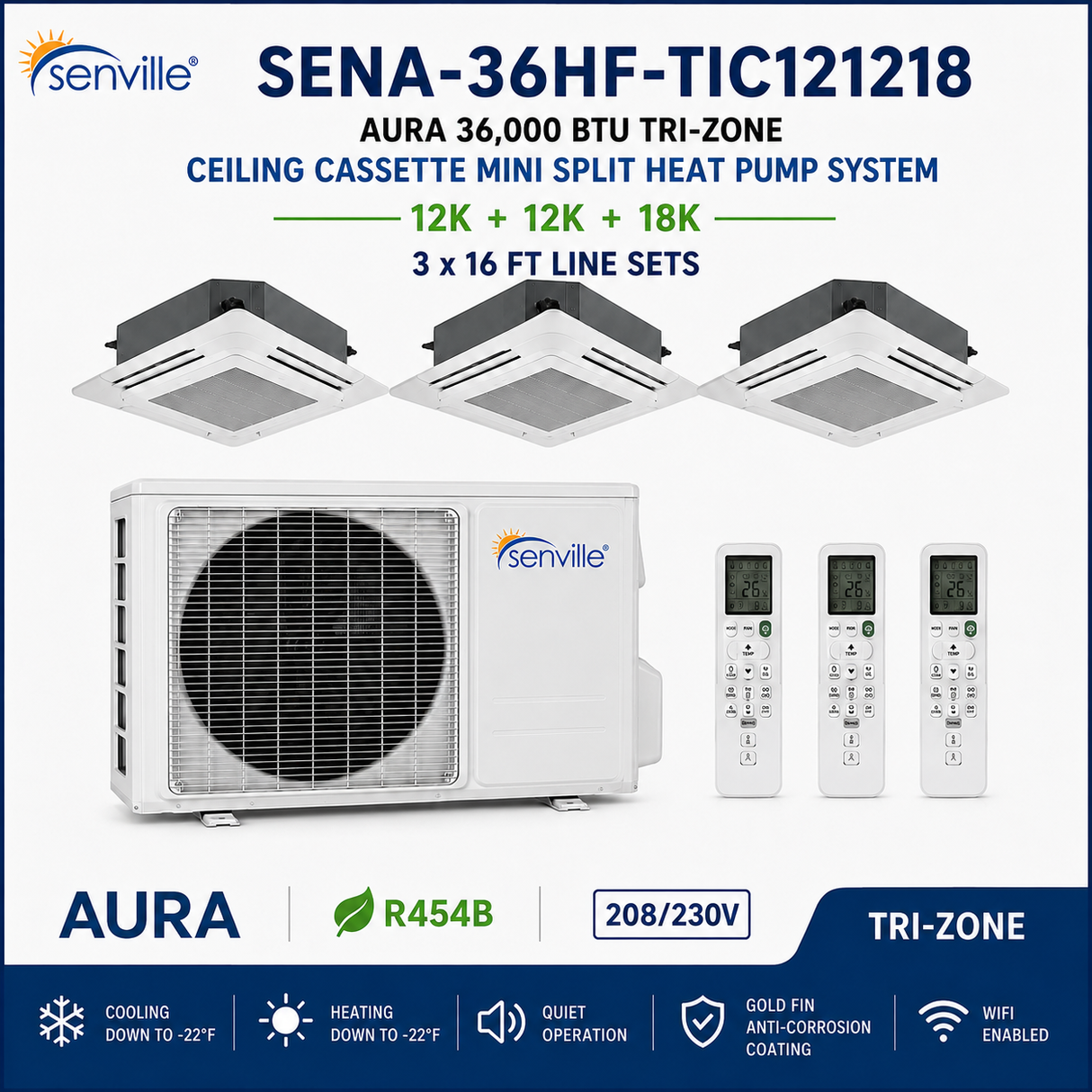 Senville AURA 36,000 BTU Tri-Zone Ceiling Cassette Mini Split Heat Pump – 23 SEER2