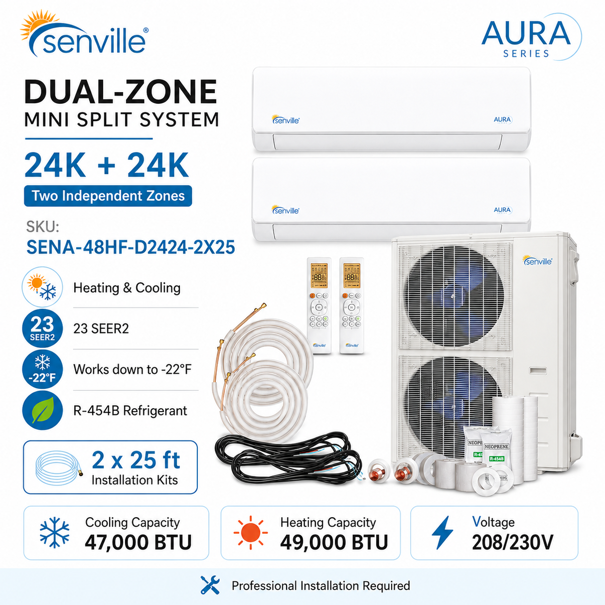 Senville AURA 48,000 BTU Dual-Zone Mini Split Heat Pump | SENA-48HF/D