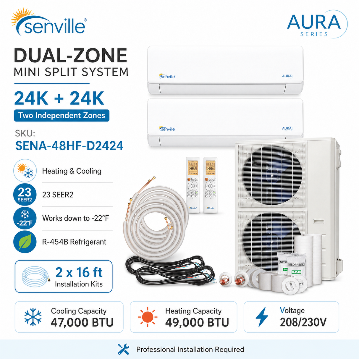 Senville AURA 48,000 BTU Dual-Zone Mini Split Heat Pump | SENA-48HF/D