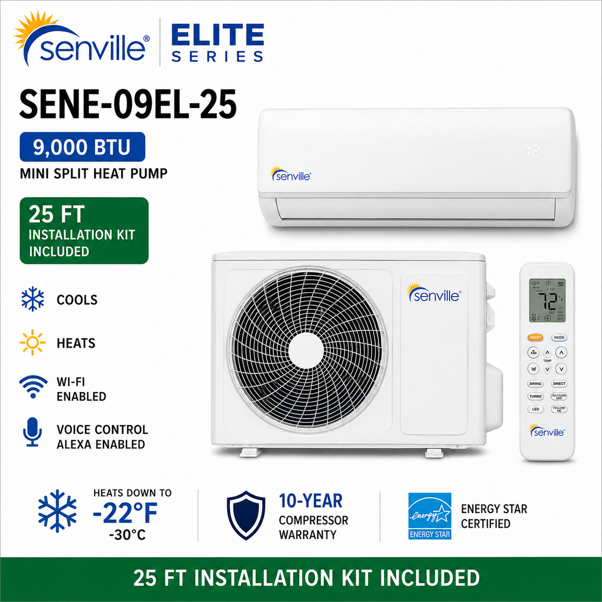 Senville ELITE Series Mini Split Heat Pump | 9K–24K BTU | SENE-EL
