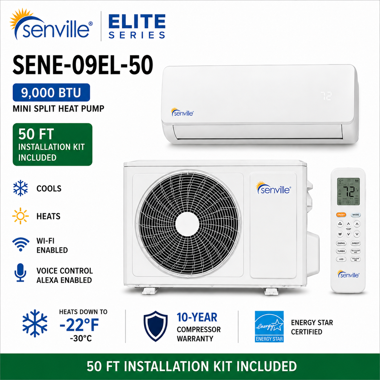 Senville ELITE Series Mini Split Heat Pump | 9K–24K BTU | SENE-EL