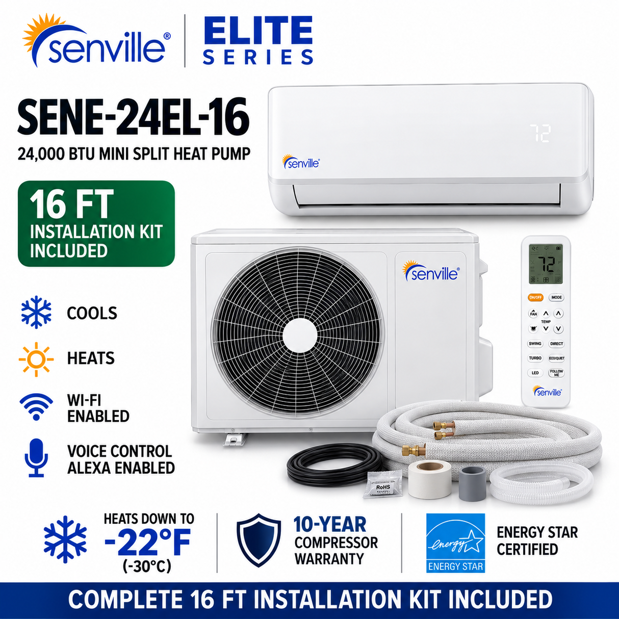 Senville ELITE Series Mini Split Heat Pump | 9K–24K BTU | SENE-EL