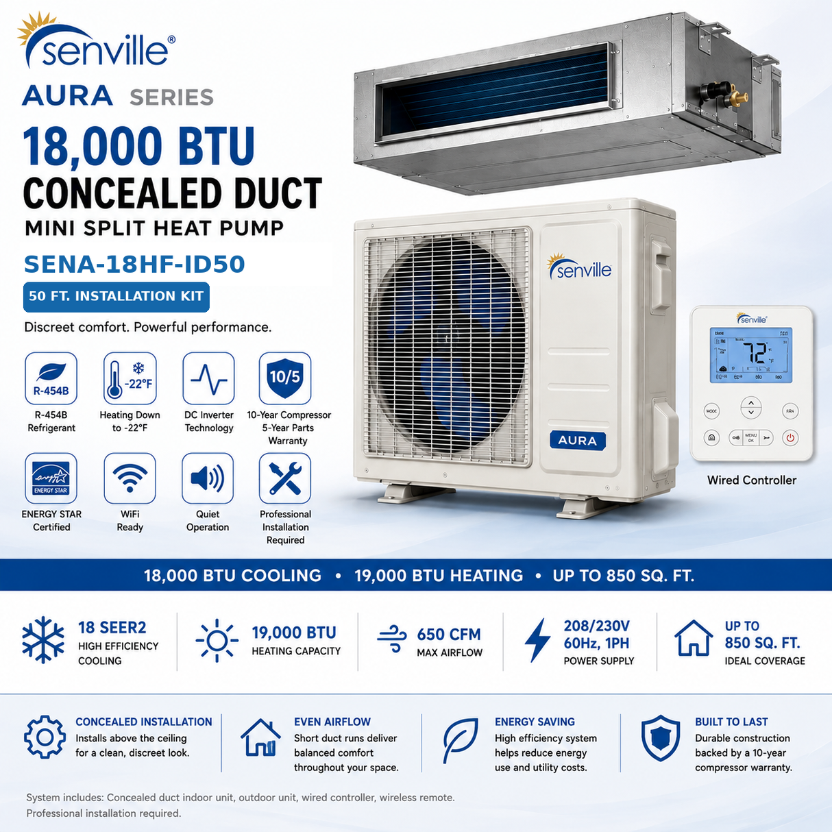 Senville AURA Concealed Duct Mini Split Heat Pumps | 9K–24K