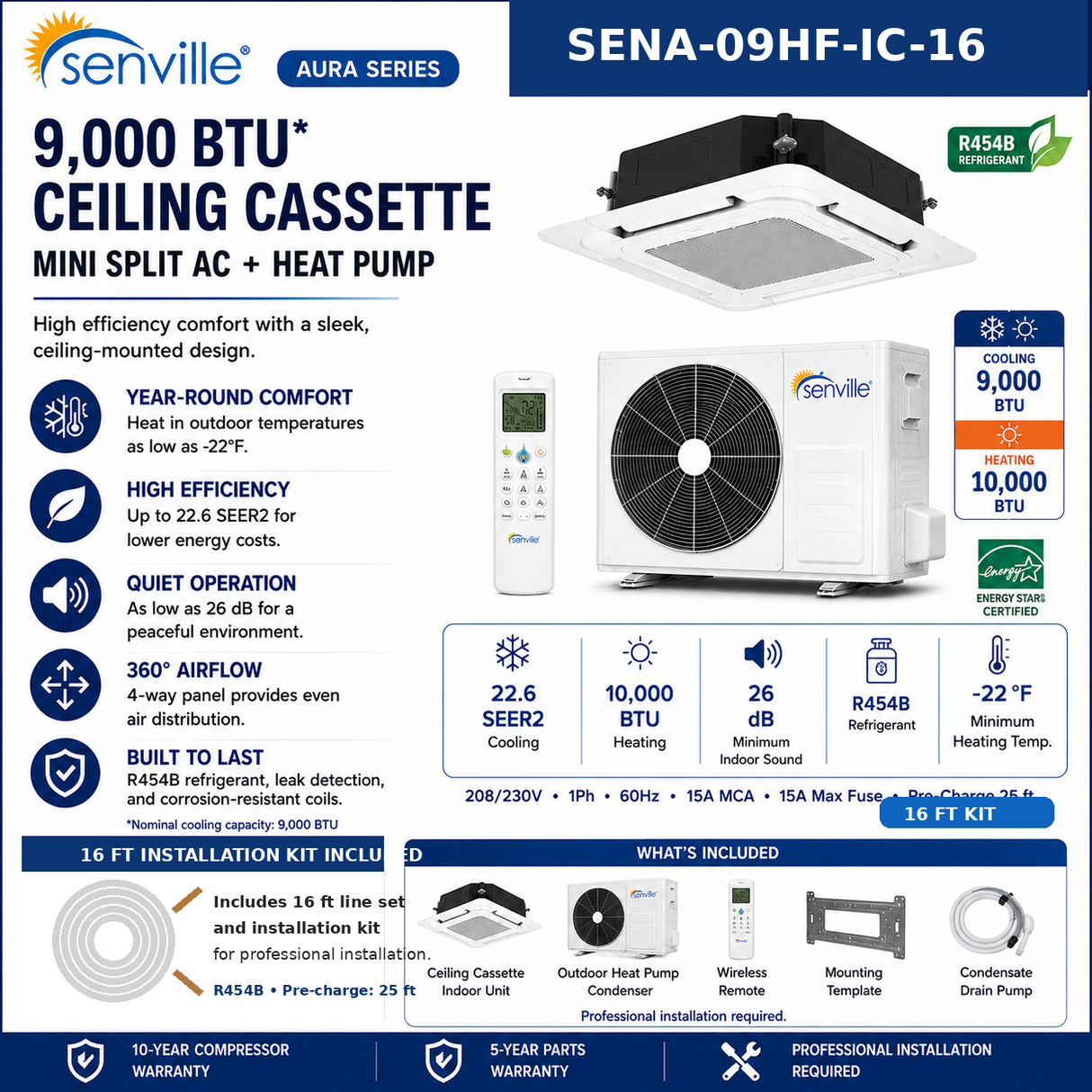 Senville AURA Ceiling Cassette Mini Split Heat Pumps | ENERGY STAR R-454B