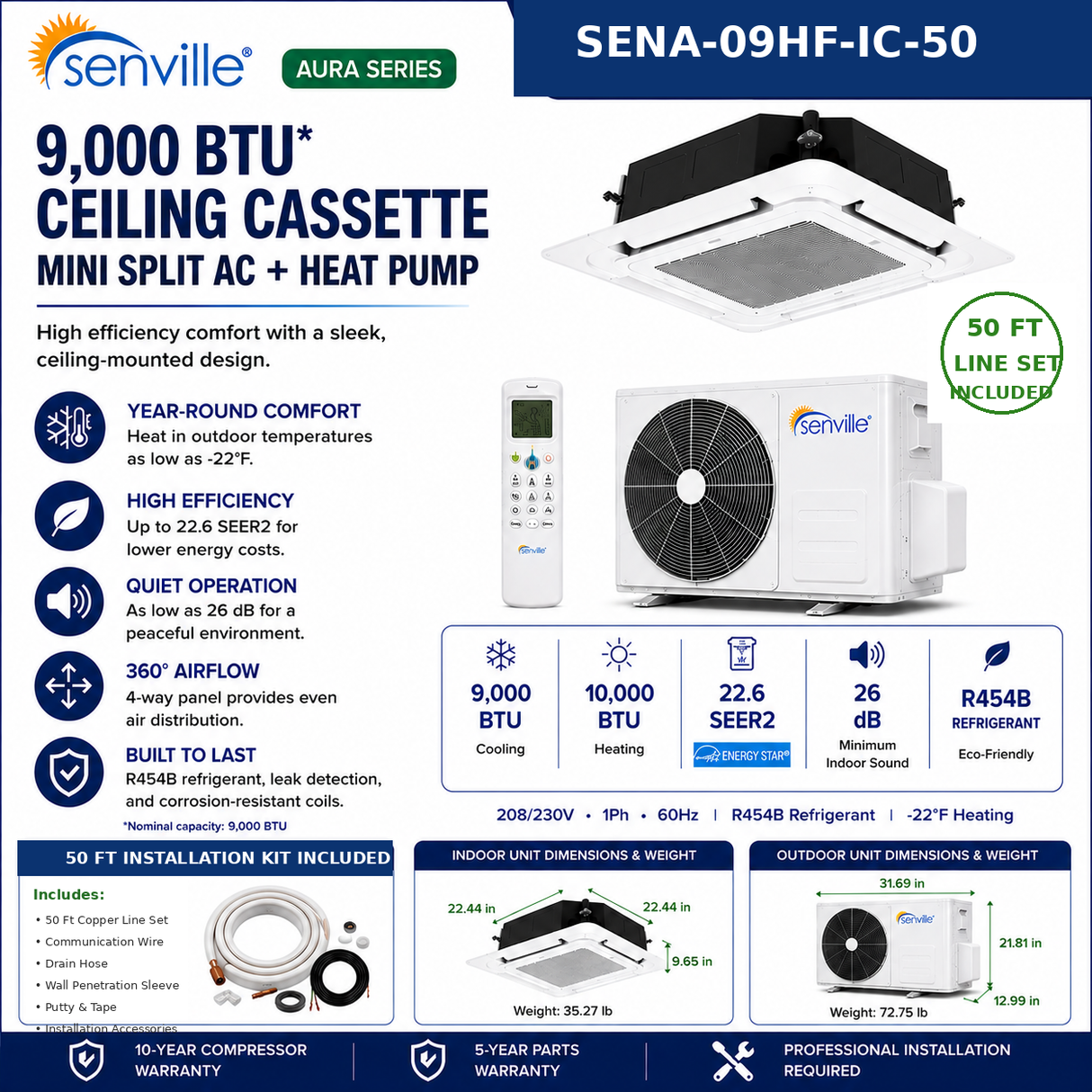 Senville AURA Ceiling Cassette Mini Split Heat Pumps | ENERGY STAR R-454B