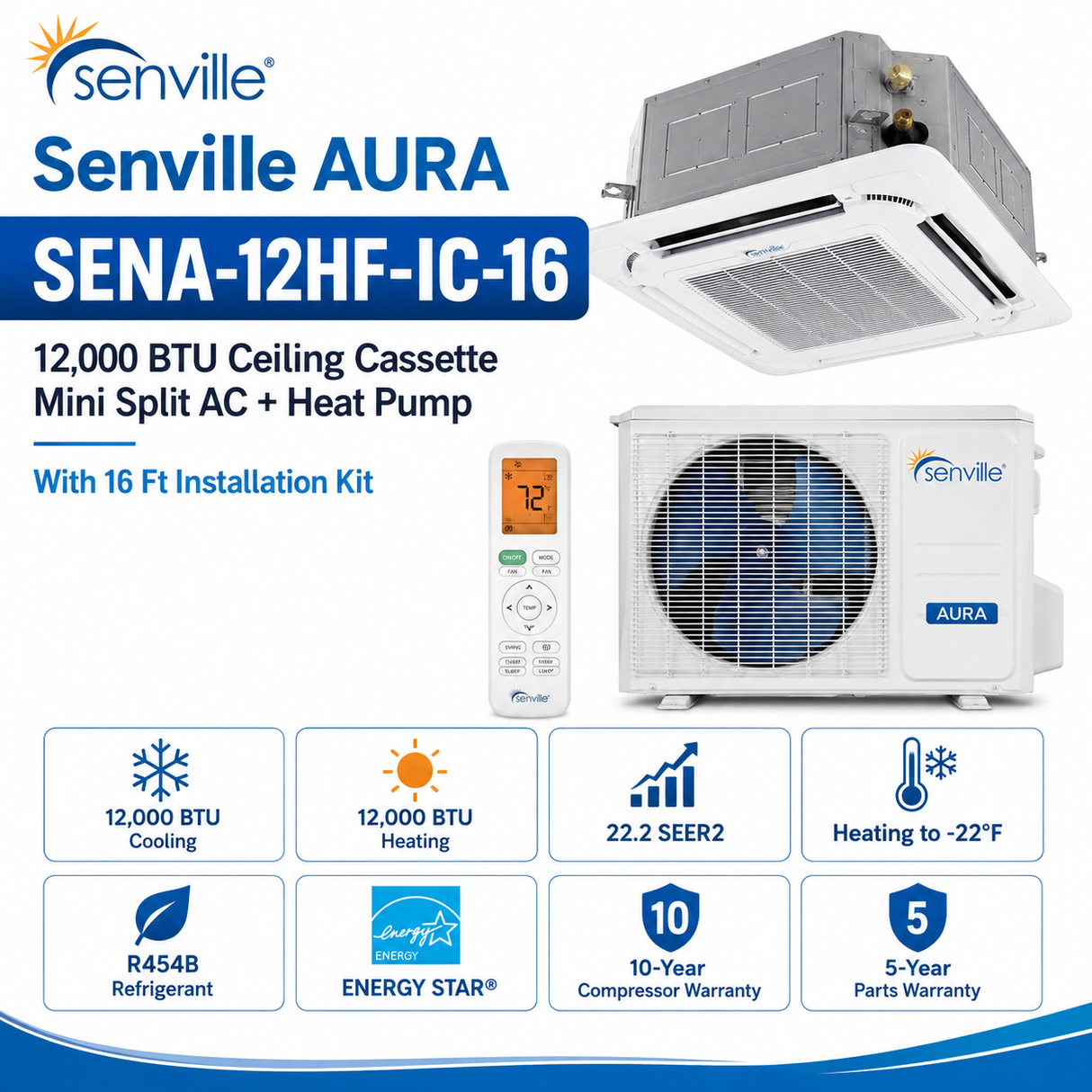 Senville AURA Ceiling Cassette Mini Split Heat Pumps | ENERGY STAR R-454B