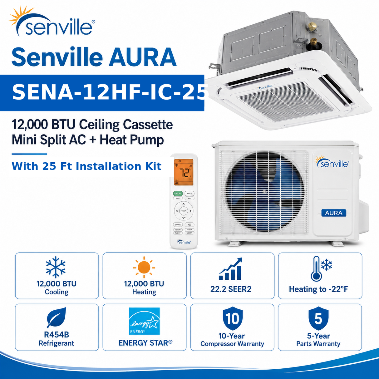 Senville AURA Ceiling Cassette Mini Split Heat Pumps | ENERGY STAR R-454B