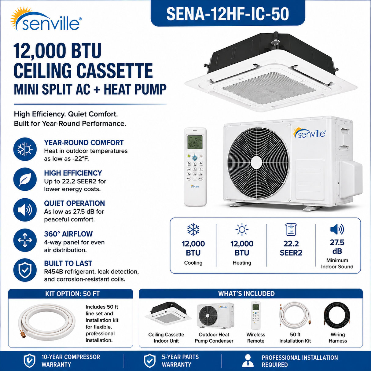 Senville AURA Ceiling Cassette Mini Split Heat Pumps | ENERGY STAR R-454B