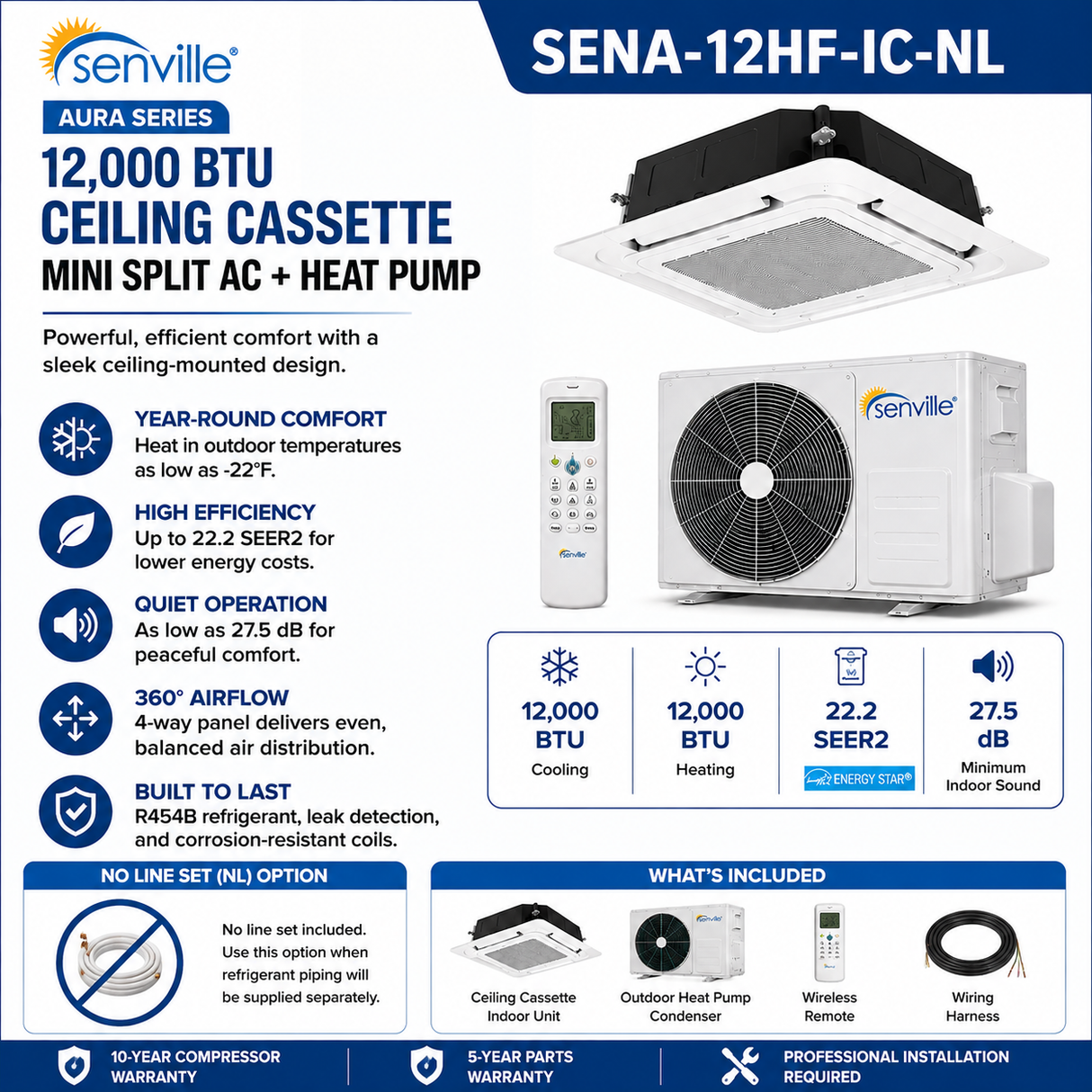 Senville AURA Ceiling Cassette Mini Split Heat Pumps | ENERGY STAR R-454B