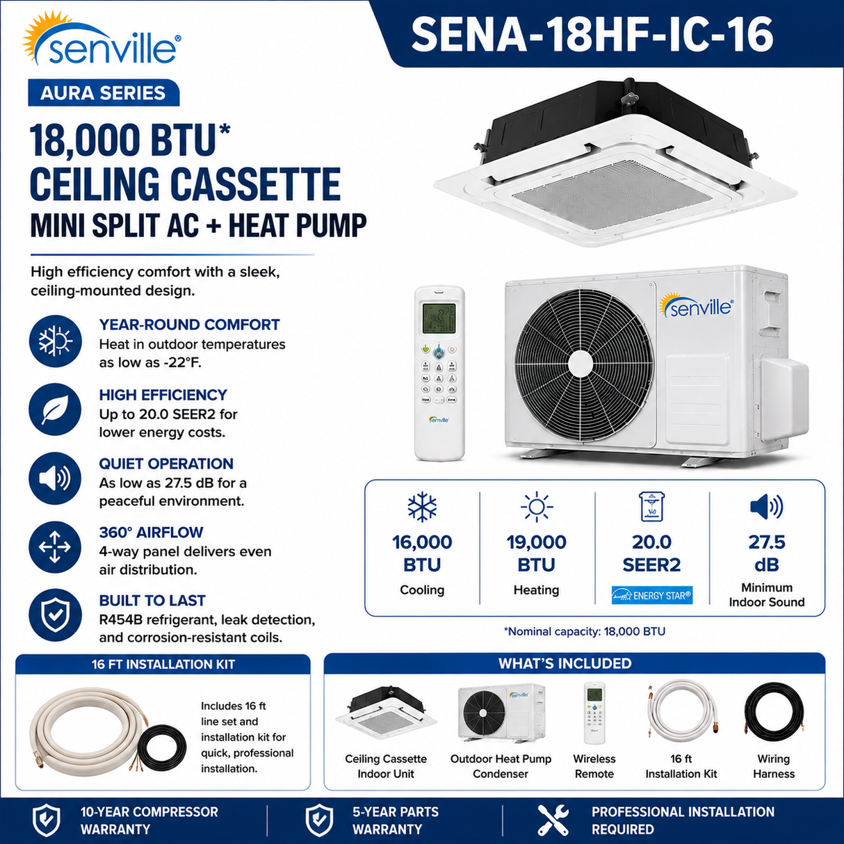 Senville AURA Ceiling Cassette Mini Split Heat Pumps | ENERGY STAR R-454B