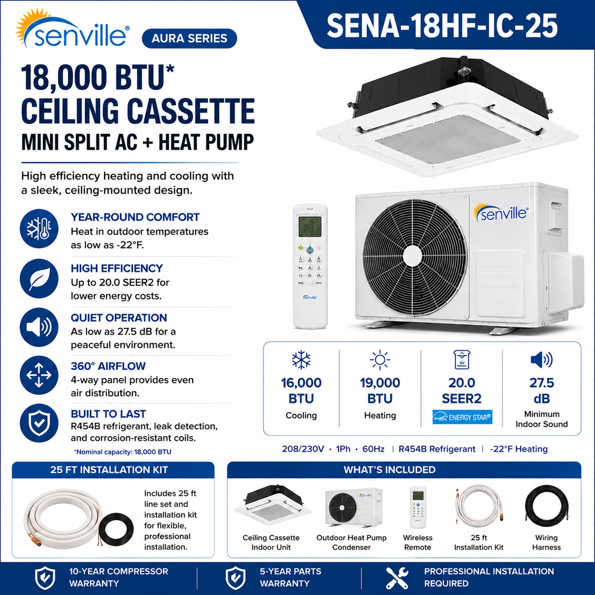 Senville AURA Ceiling Cassette Mini Split Heat Pumps | ENERGY STAR R-454B