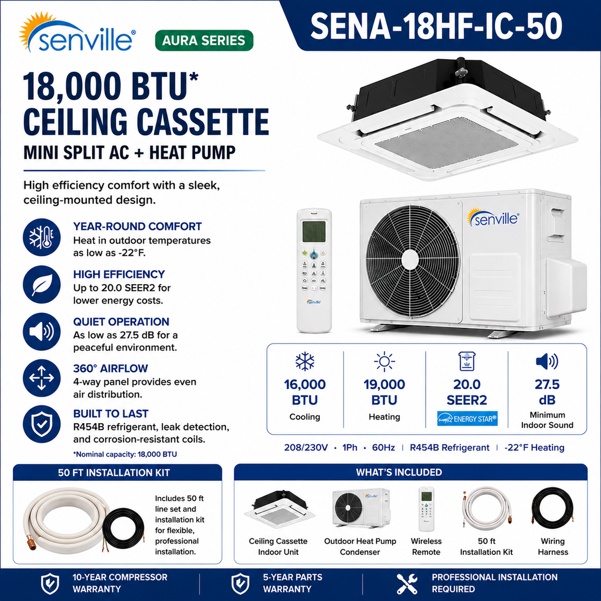 Senville AURA Ceiling Cassette Mini Split Heat Pumps | ENERGY STAR R-454B