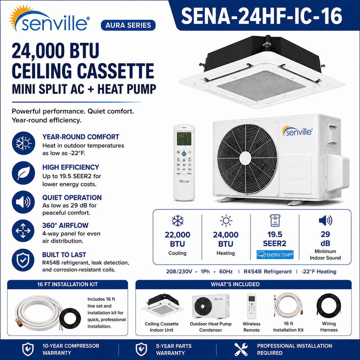 Senville AURA Ceiling Cassette Mini Split Heat Pumps | ENERGY STAR R-454B