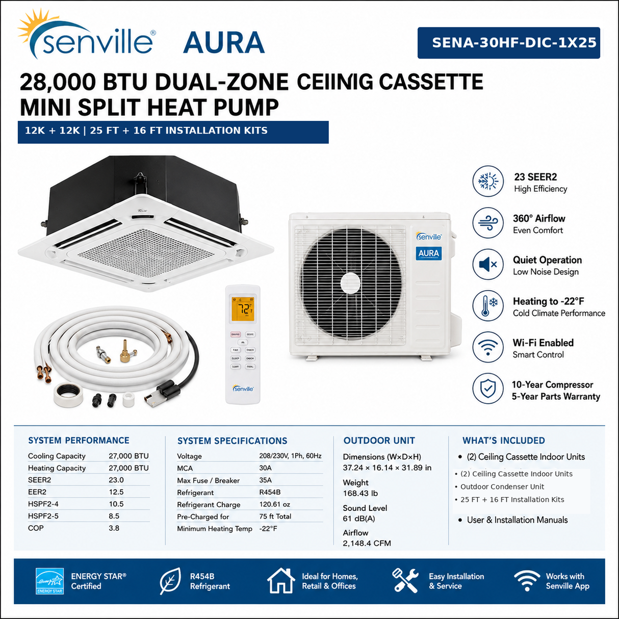 Senville SENA 28000 BTU Dual Zone Ceiling Air Conditioner - Heat Pump
