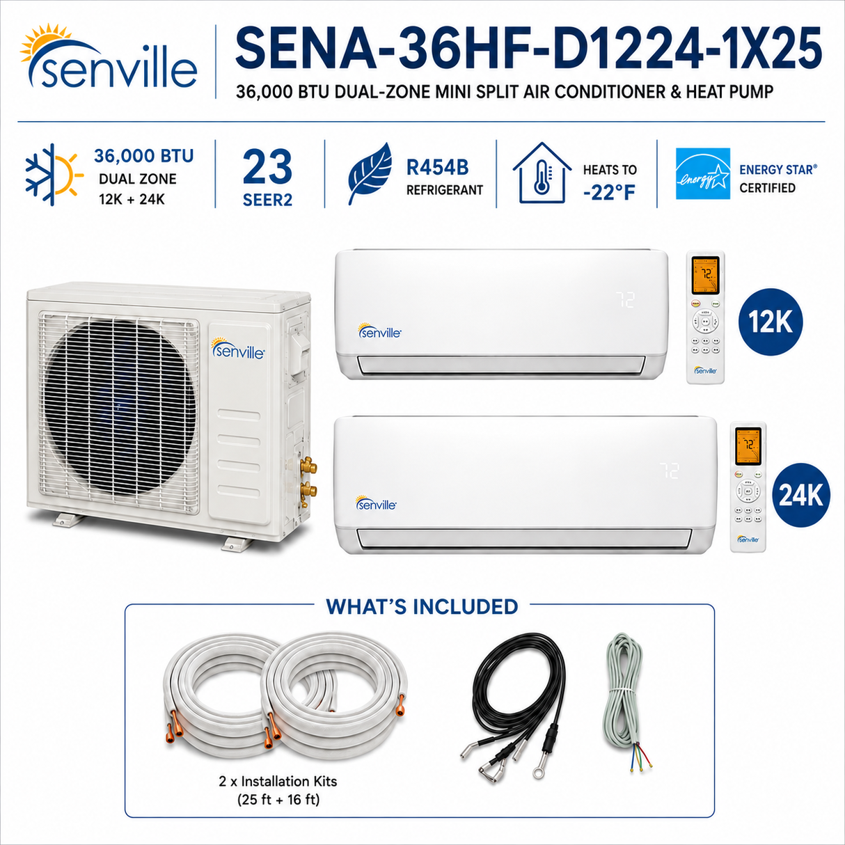 Senville AURA SENA-36HF-D Series 36,000 BTU dual-zone mini split AC Heat Pump