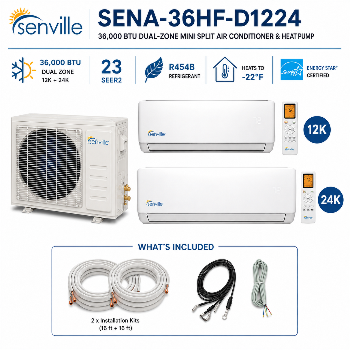 Senville AURA SENA-36HF-D Series 36,000 BTU dual-zone mini split AC Heat Pump