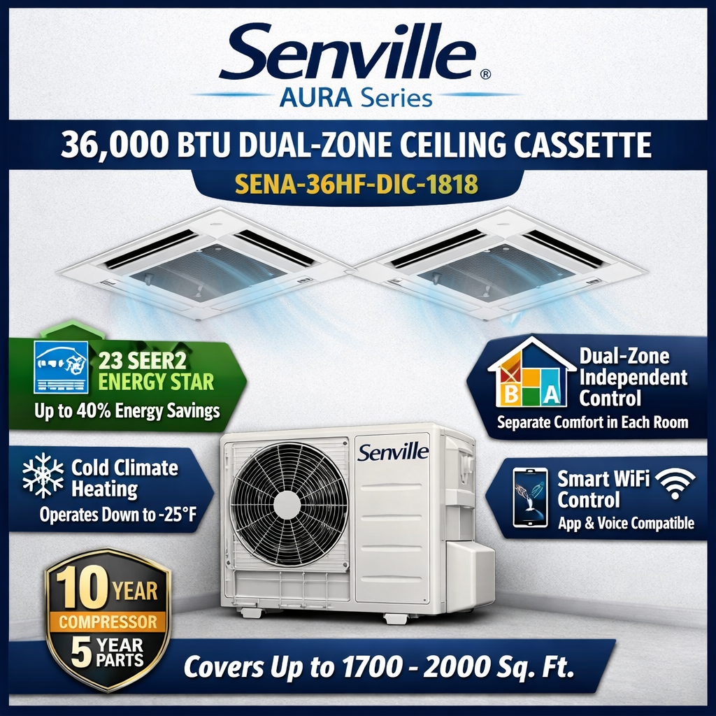 Senville AURA Ceiling Cassette Mini Split Heat Pumps | ENERGY STAR R-454B