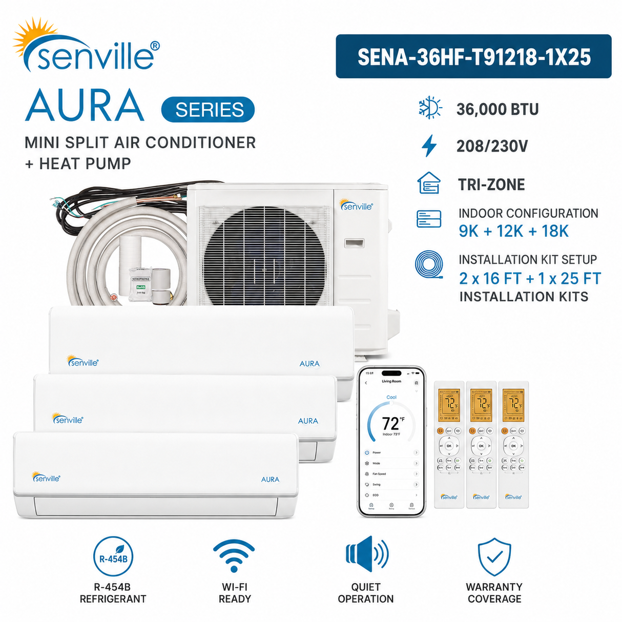 Senville AURA SENA-36HF-T 36,000 BTU Tri-Zone mini split AC Heat Pump systems