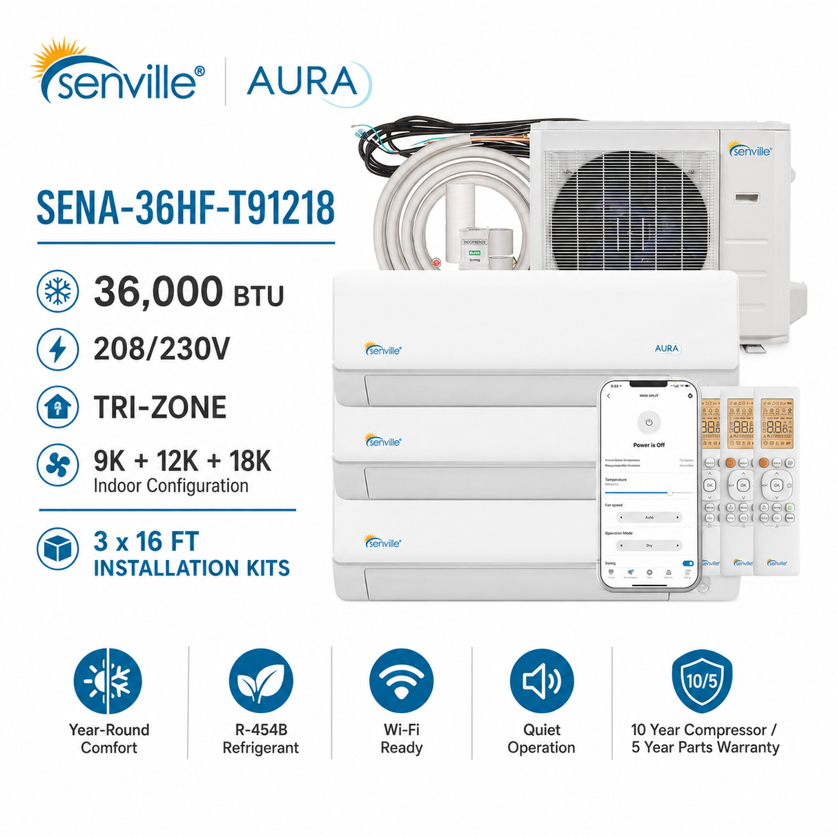 Senville AURA SENA-36HF-T 36,000 BTU Tri-Zone mini split AC Heat Pump systems