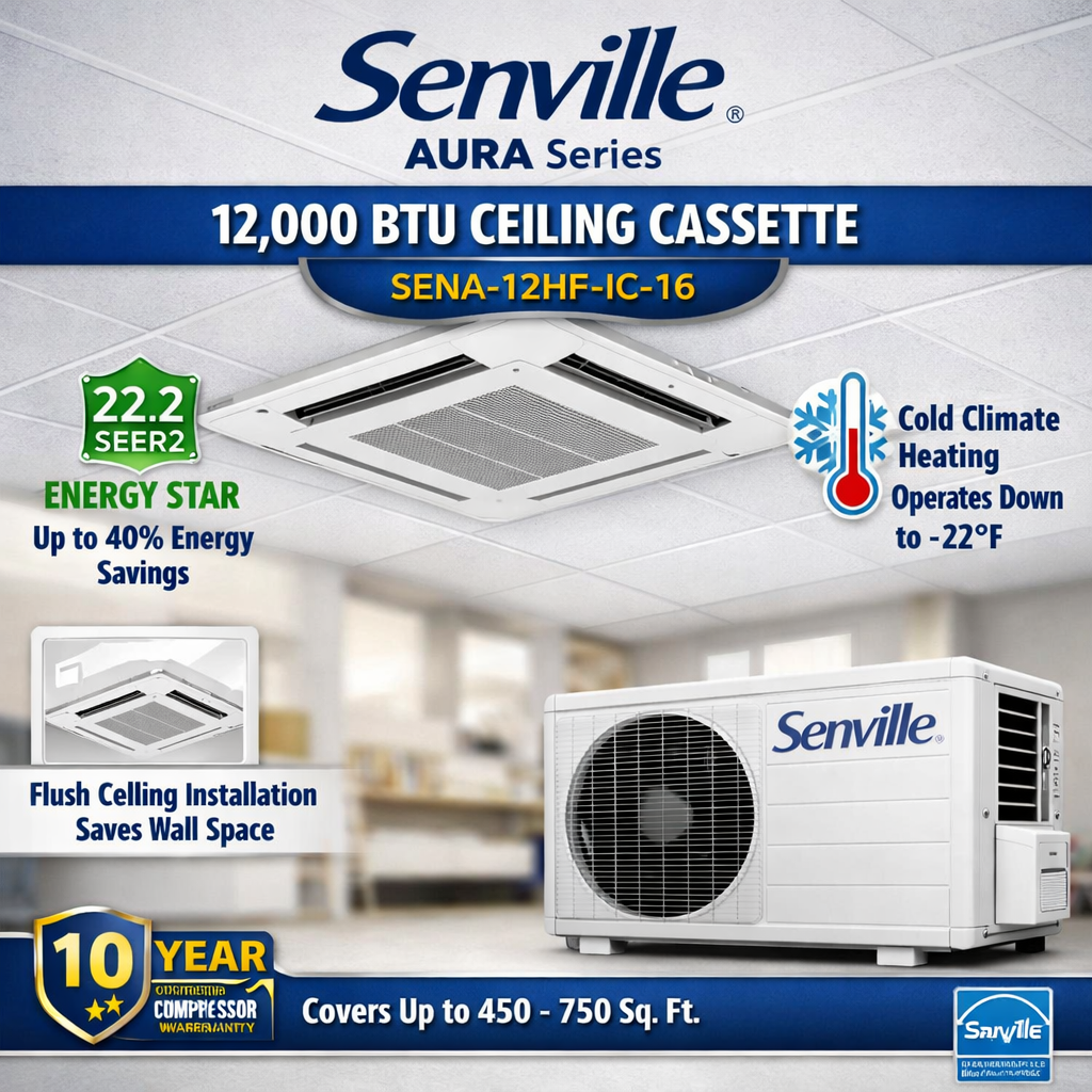 Senville AURA Ceiling Cassette Mini Split Heat Pumps | ENERGY STAR R-454B