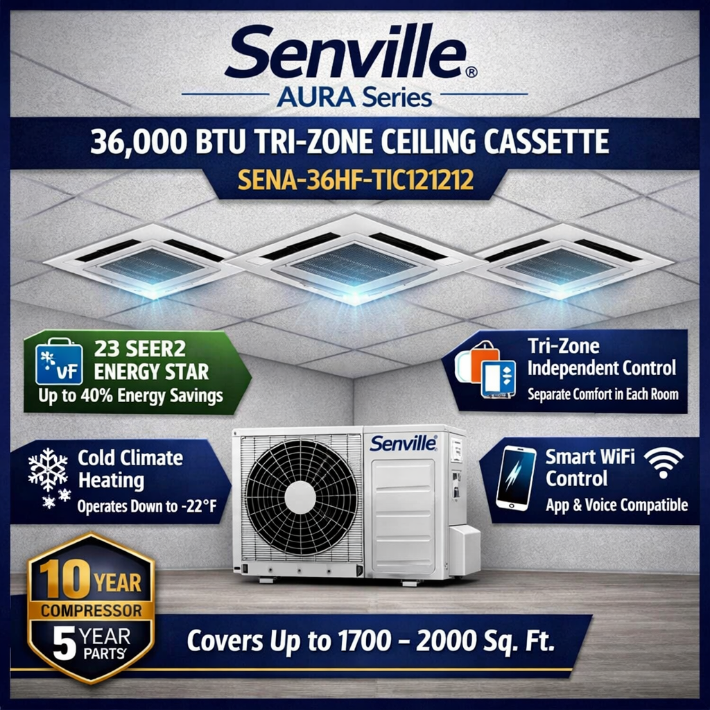 Senville AURA Ceiling Cassette Mini Split Heat Pumps | ENERGY STAR R-454B