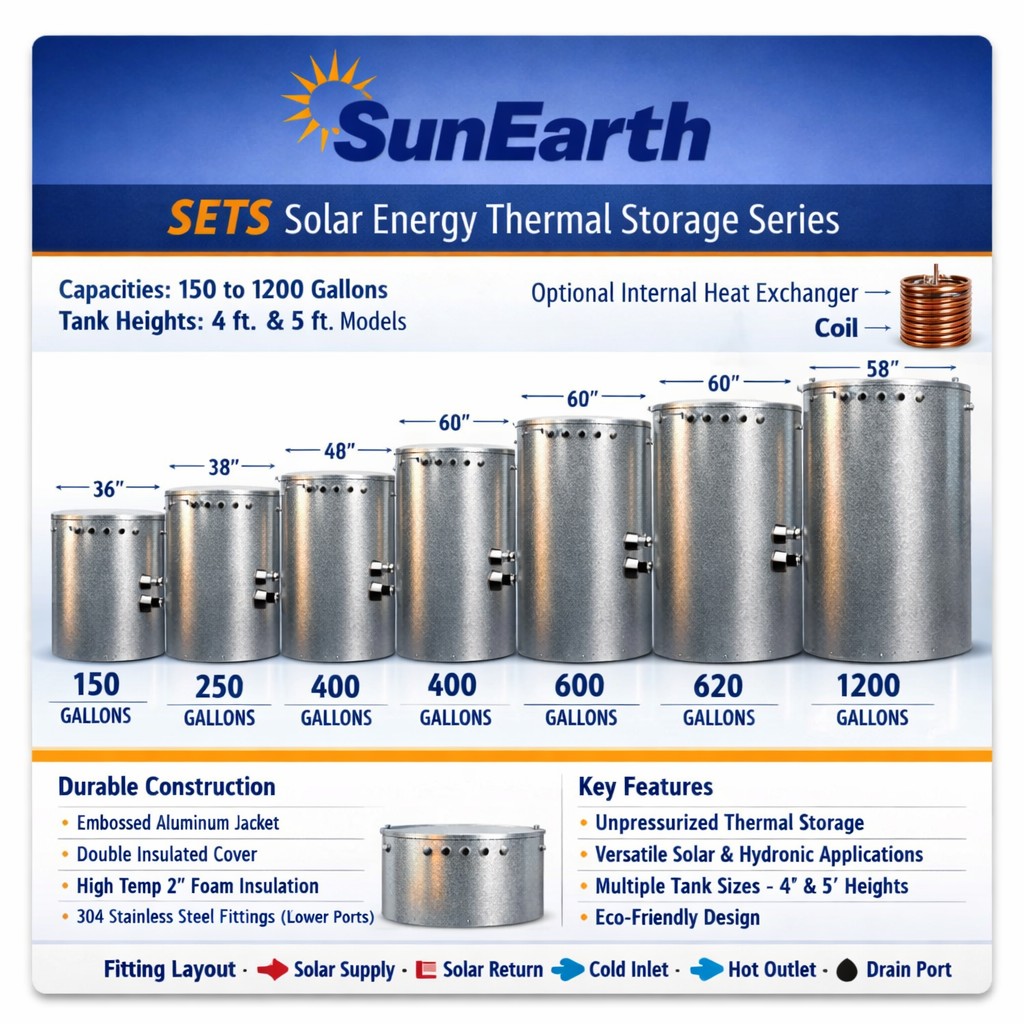 SunEarth 100010 Series  Solar Storage Tanks | 4,5,6,7 ft Tank Heights