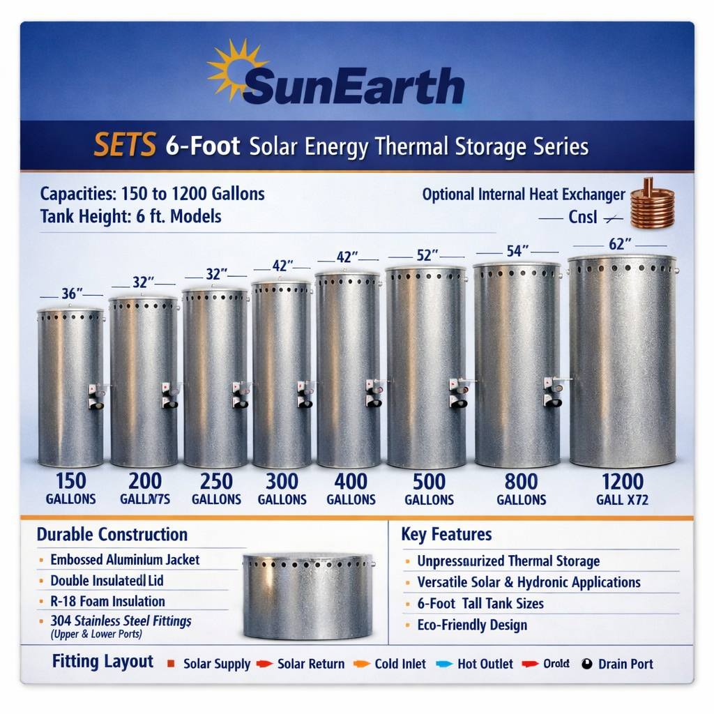 SunEarth 100010 Series  Solar Storage Tanks | 4,5,6,7 ft Tank Heights