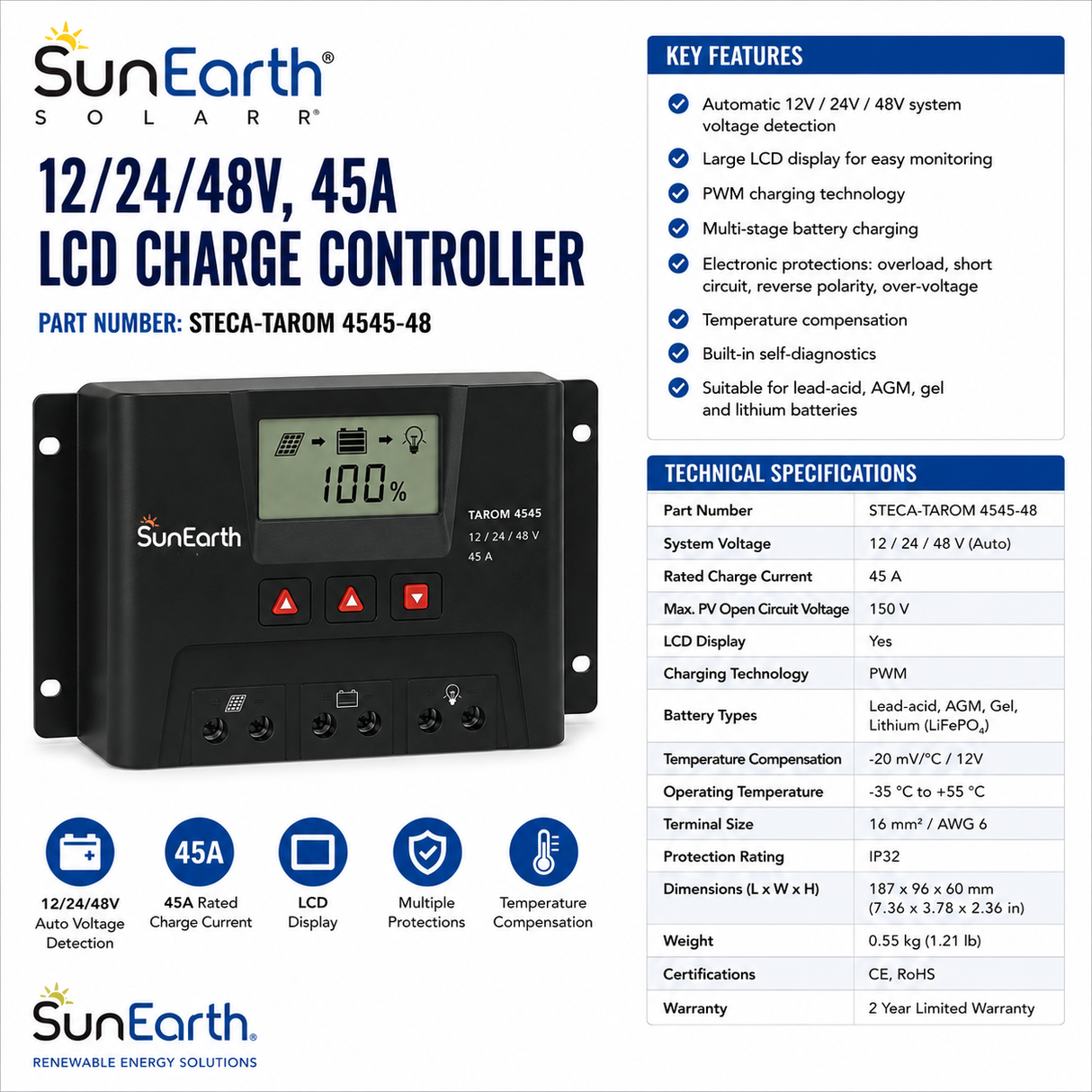 SunEarth Charge Controller 12/24/48V 45A with LCD