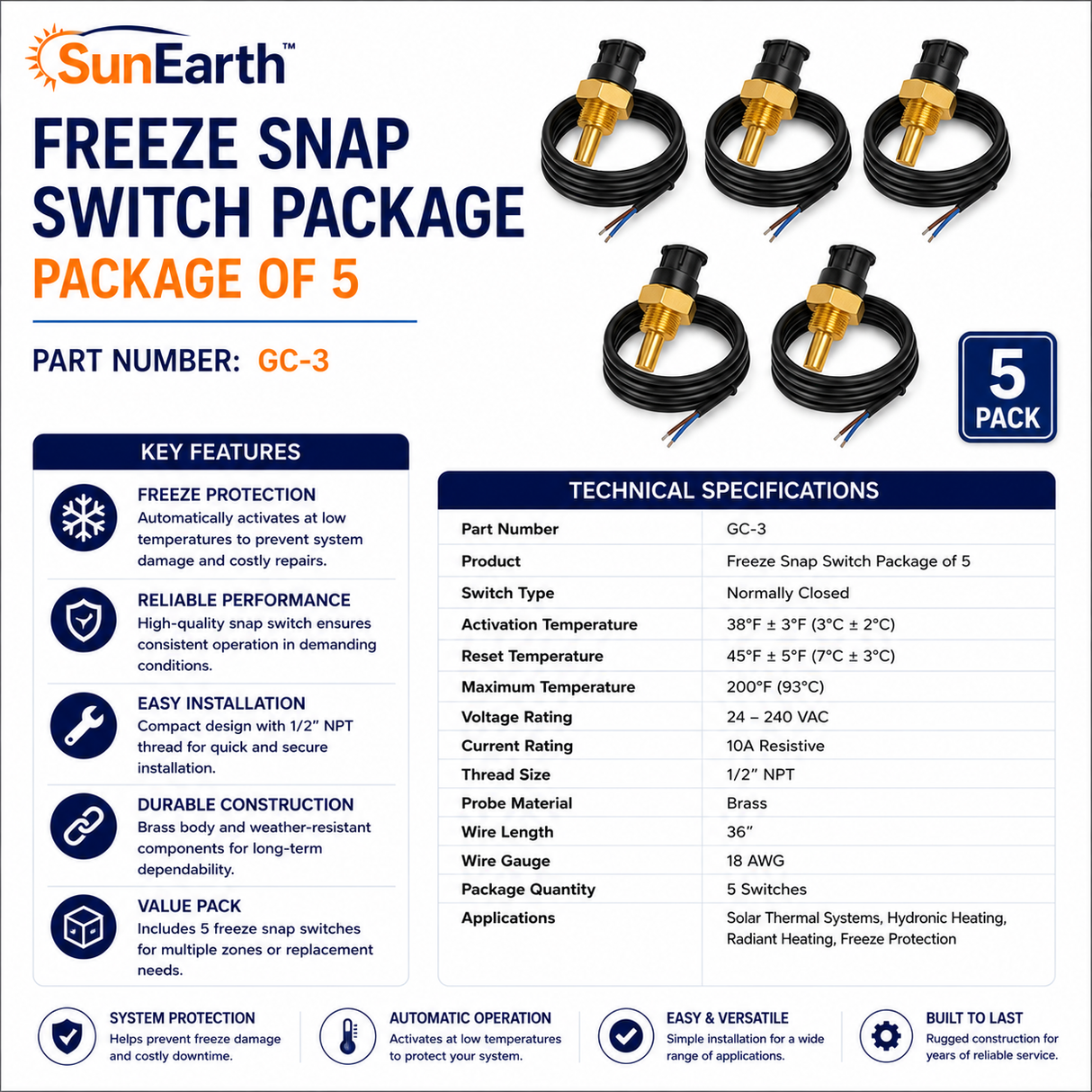 SunEarth Freeze Snap Switch Package of 5