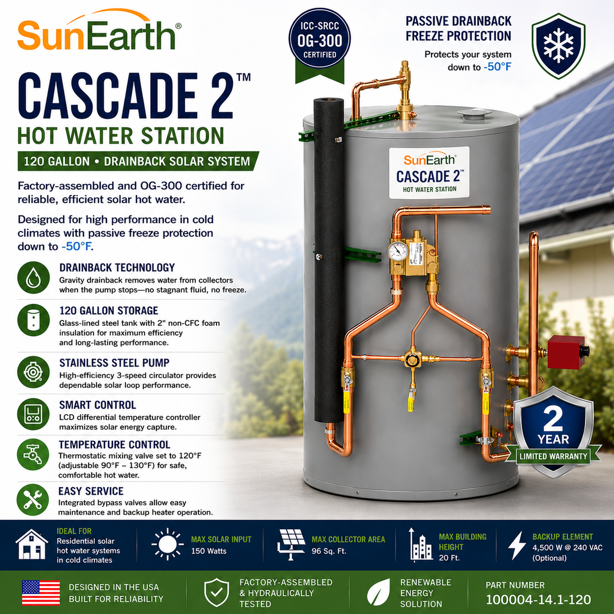 SunEarth Cascade 2 Hot Water Station 80 / 120 Gallon Solar Drainback System