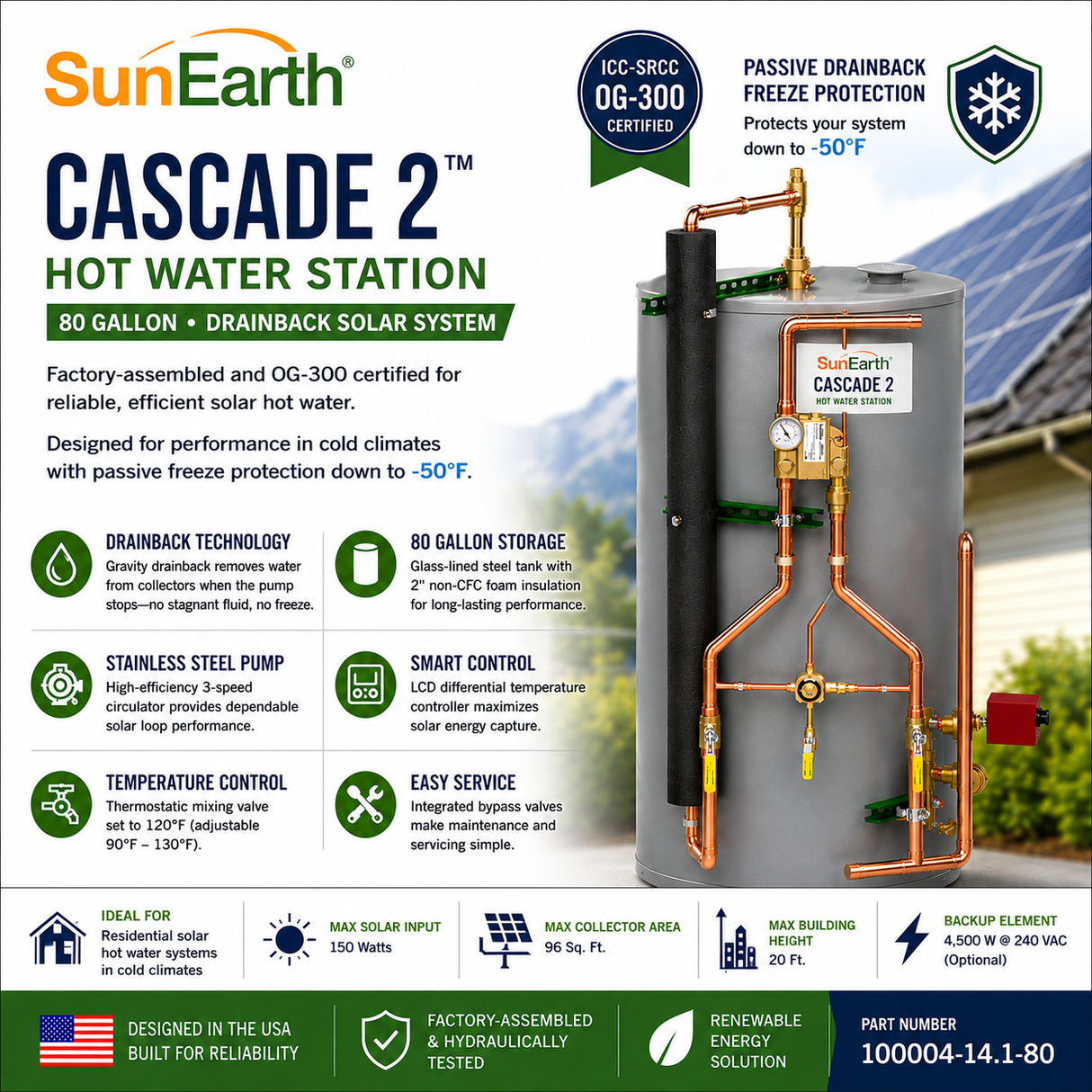 SunEarth Cascade 2 Hot Water Station 80 / 120 Gallon Solar Drainback System