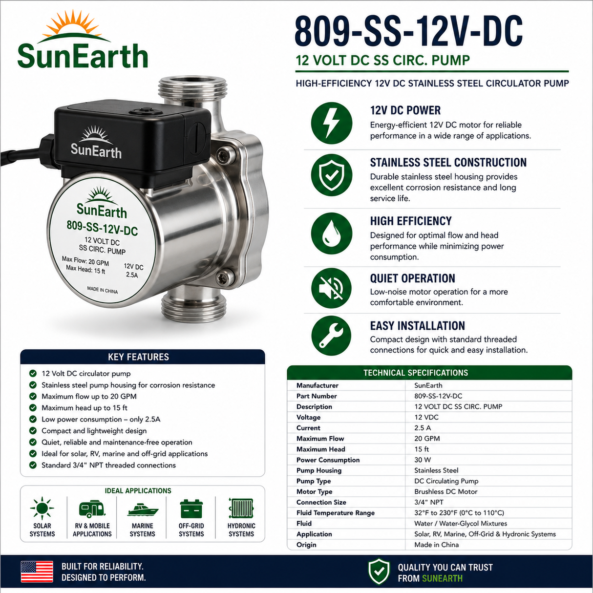 SunEarth 809-SS-12V-DC 12V DC Stainless Steel Circulator Pump