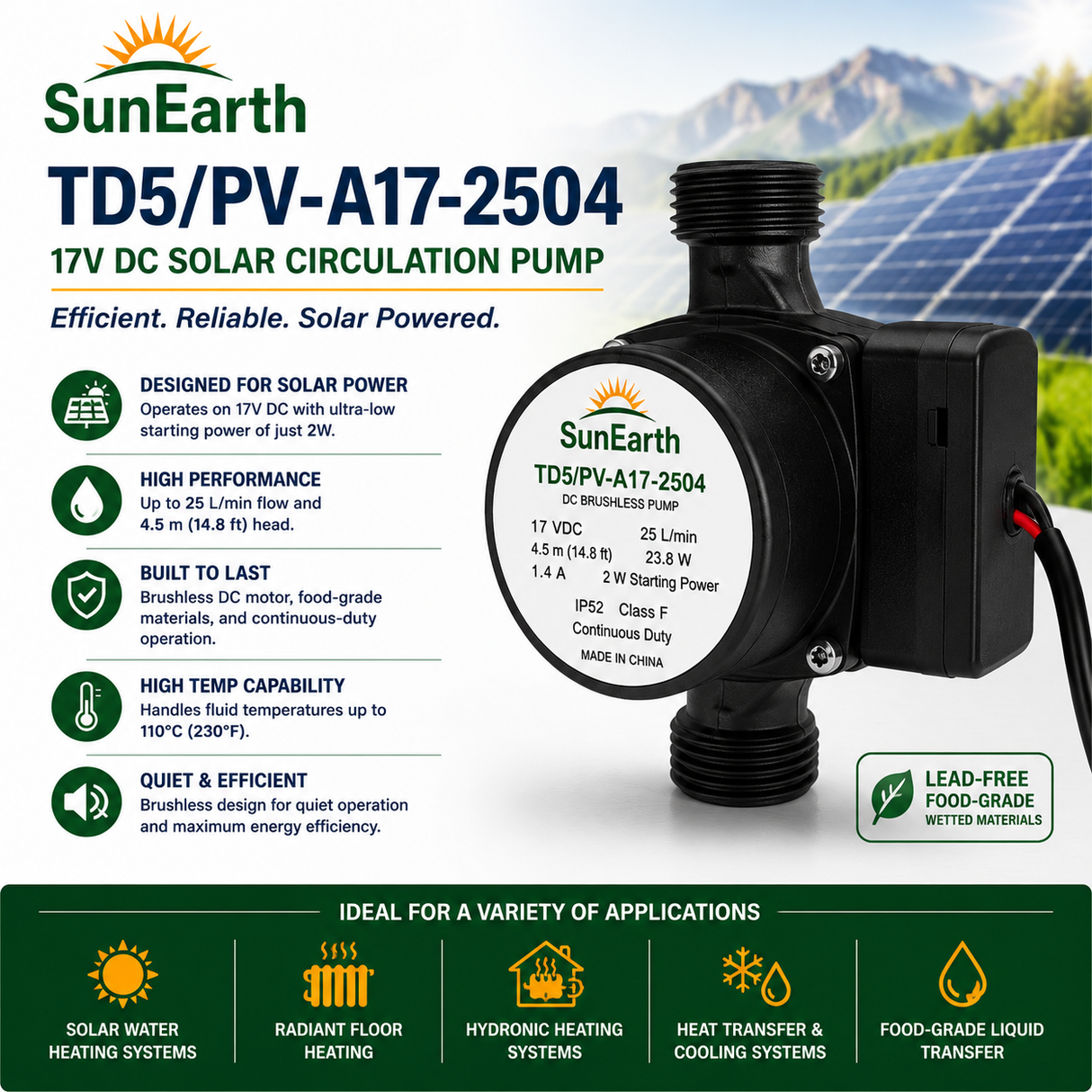 SunEarth TD5/PV-A17-2504 17V DC Solar Circulation Pump