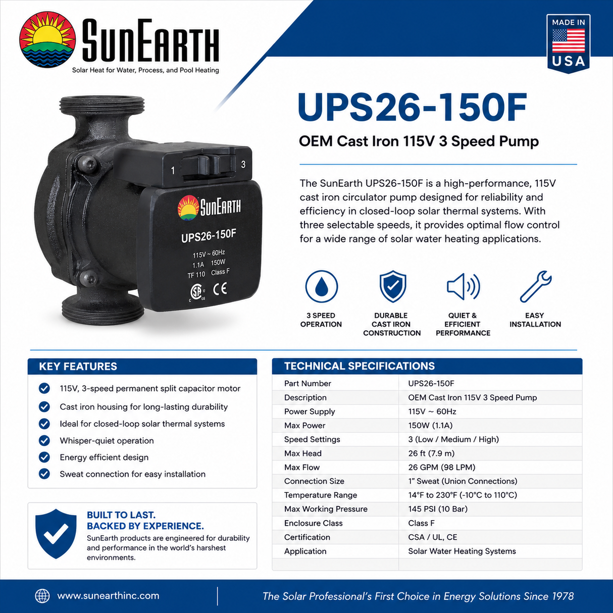 SunEarth UPS26-150F OEM Cast Iron 115V 3-Speed Circulator Pump