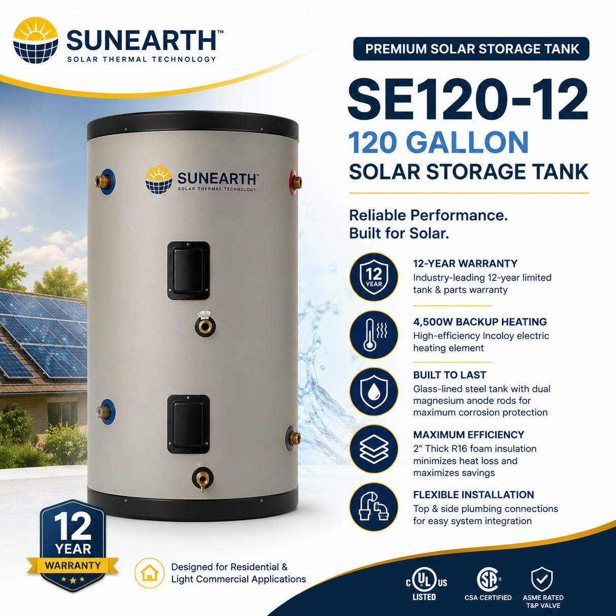 SunEarth SE 65/80/120‑Gallon Solar Storage Tank |6/12 Year Warranty