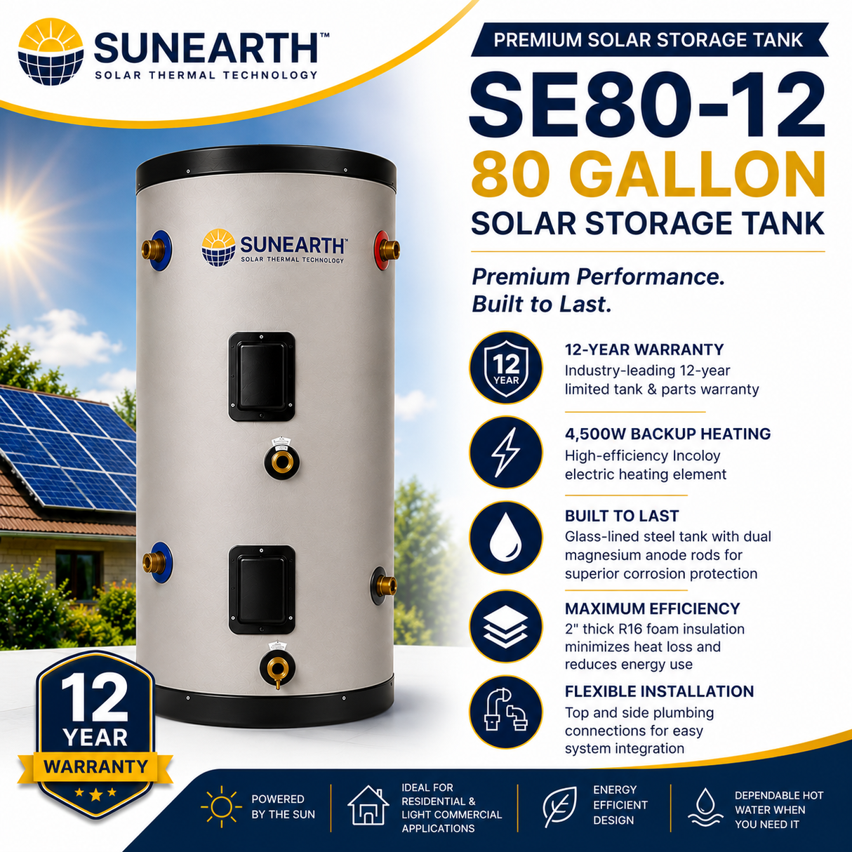 SunEarth SE 65/80/120‑Gallon Solar Storage Tank |6/12 Year Warranty